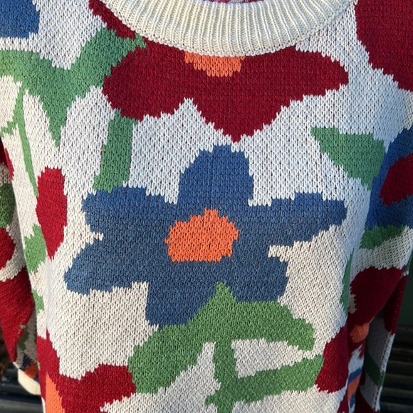 New Crew Neck Ivory Floral Knit Sweater with Red, Blue, Green, Orange Flowers - Picture 13 of 17